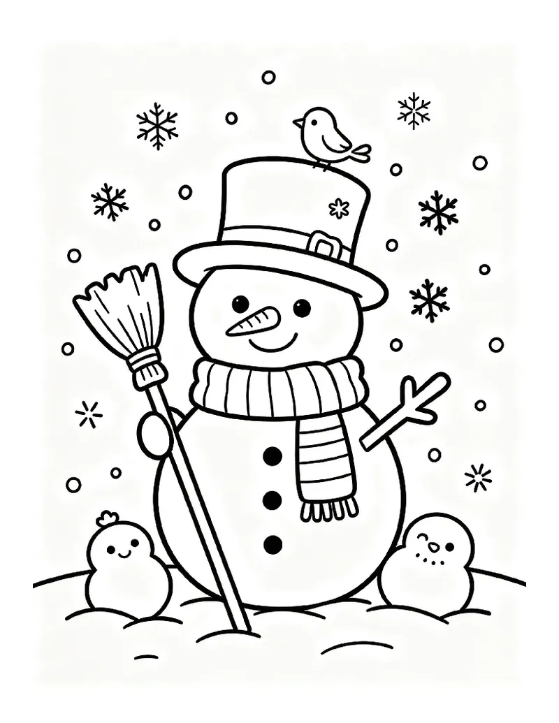 Happy Snowman With Scarf, Top Hat and Broom coloring page, black outline drawing ready to print
