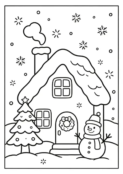 Snowy Cottage With a Snowman online coloring canvas