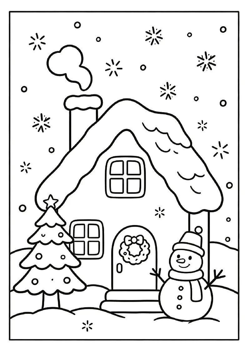 Snowy Cottage With a Snowman coloring page, black outline drawing ready to print