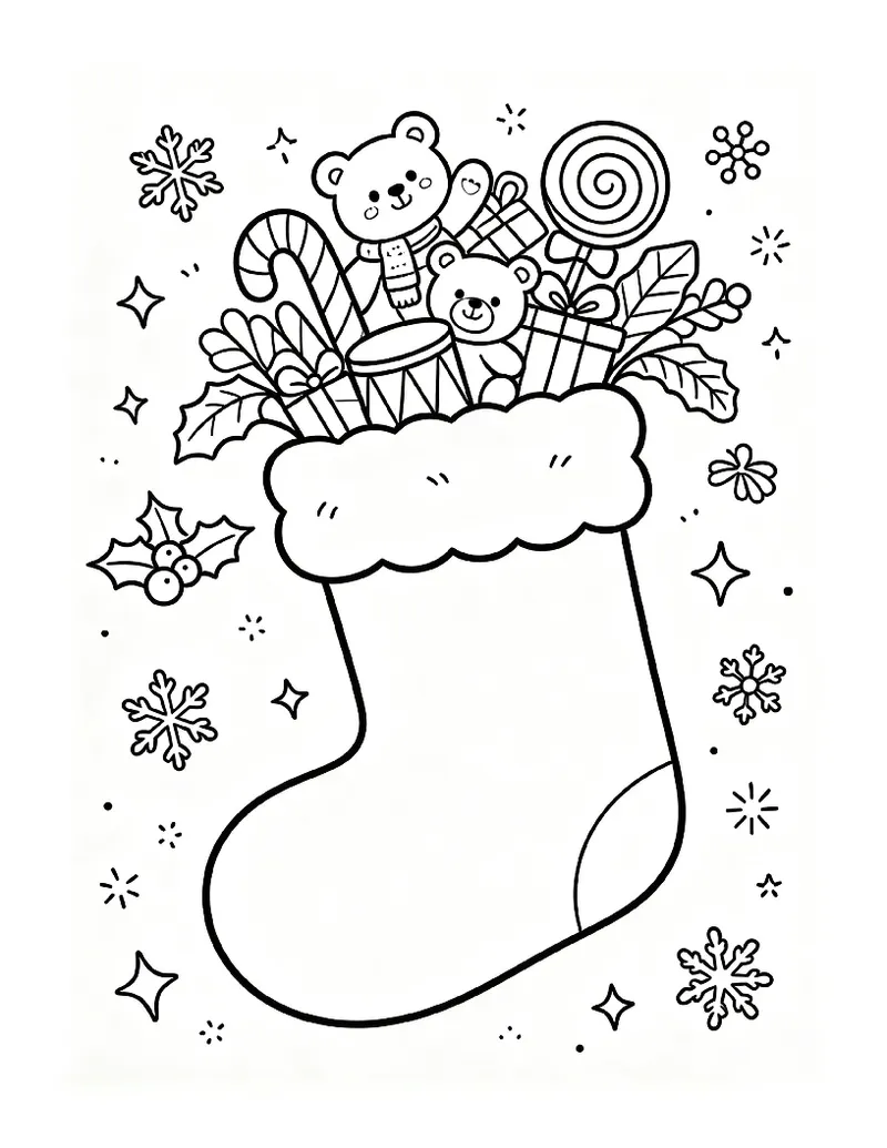 Overflowing Christmas Stocking With Candy and Toys coloring page, black outline drawing ready to print