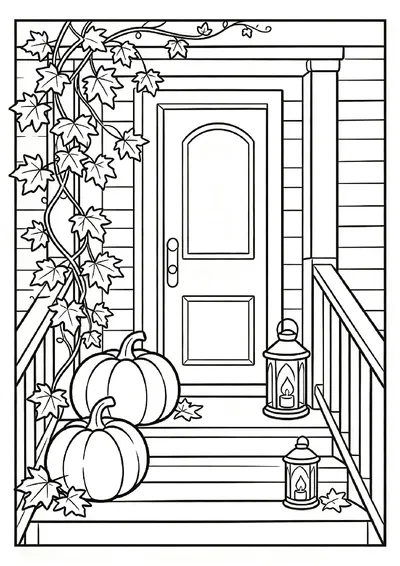Autumn Porch With Pumpkins and Lanterns coloring page
