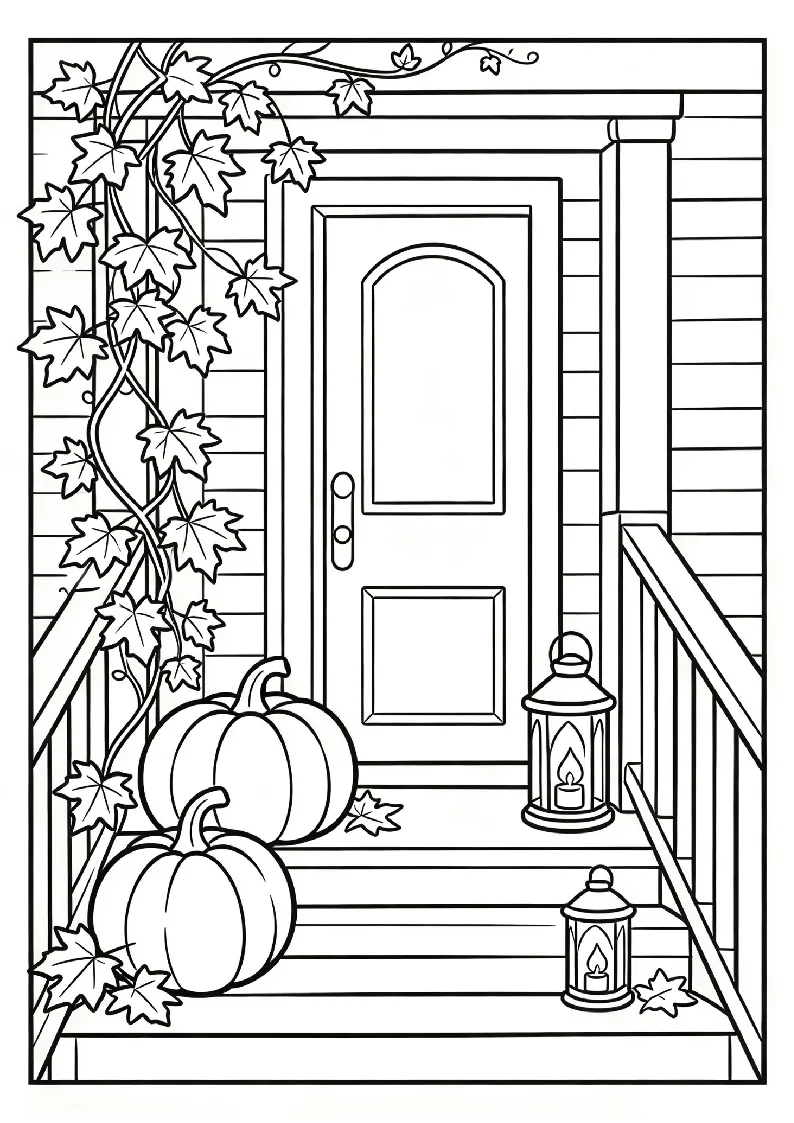 Autumn Porch With Pumpkins and Lanterns coloring page, black outline drawing ready to print
