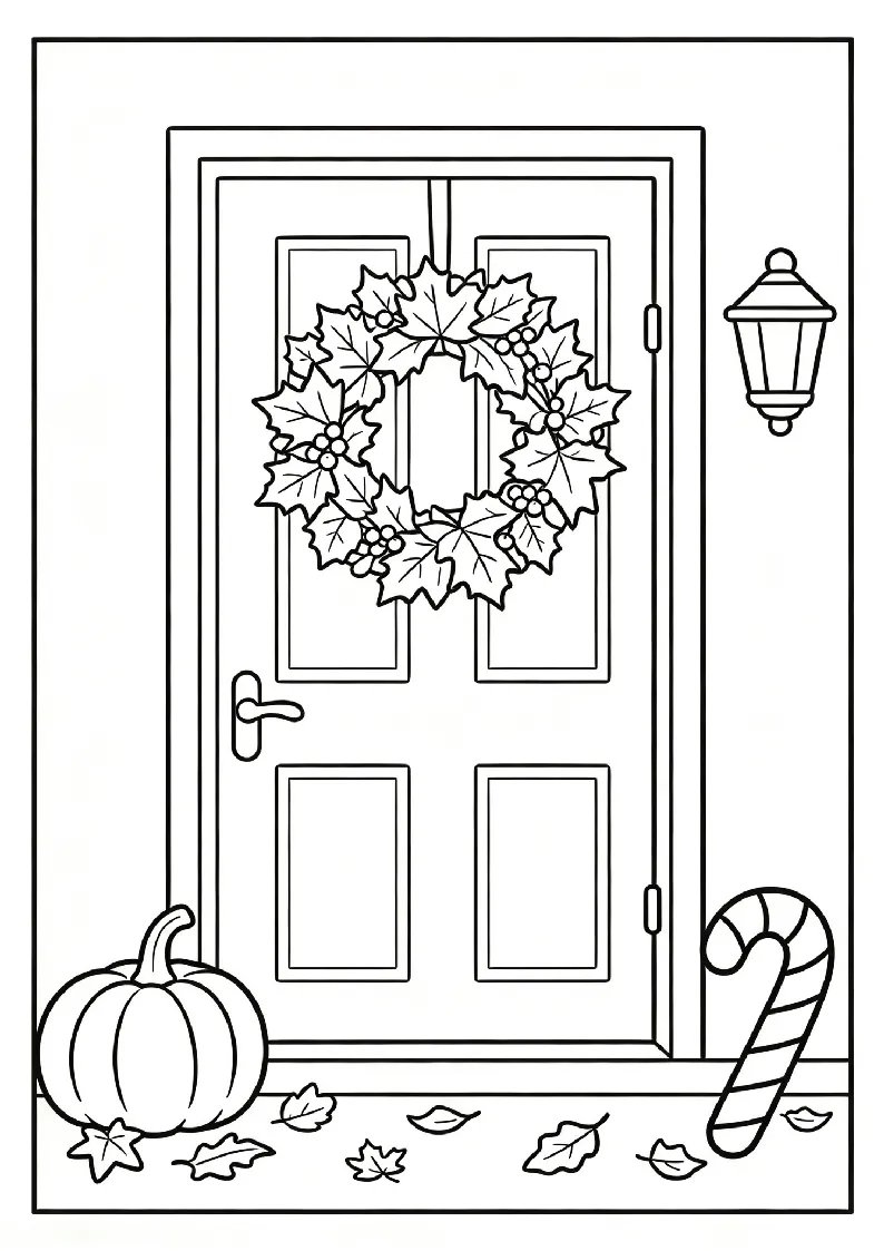 Autumn Wreath on a Welcome Door coloring page, black outline drawing ready to print