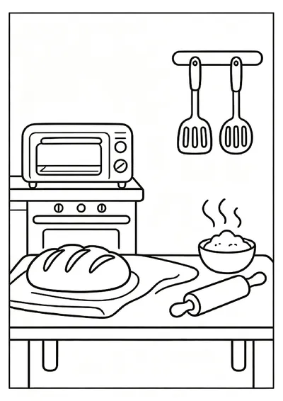 Baking Day Kitchen With Fresh Bread coloring page