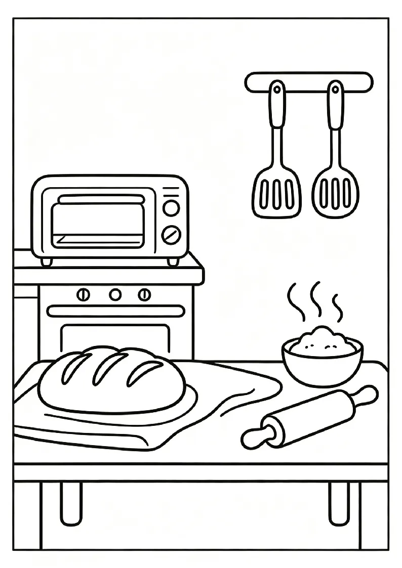 Baking Day Kitchen With Fresh Bread coloring page, black outline drawing ready to print