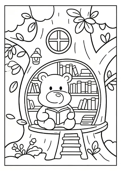 Bear Reading in a Treehouse Library coloring page