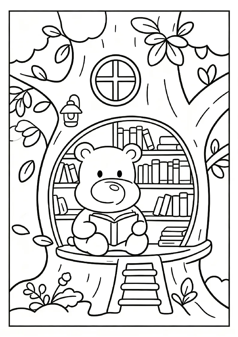 Bear Reading in a Treehouse Library coloring page, black outline drawing ready to print