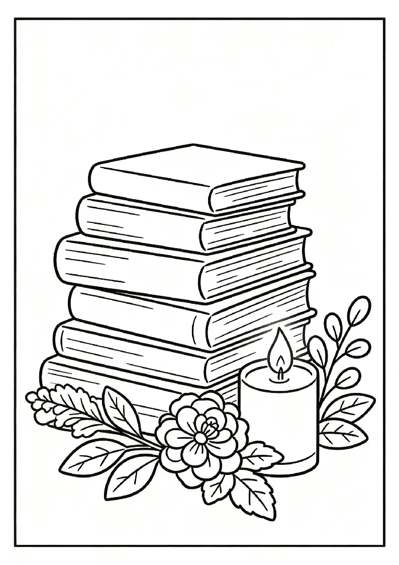 Stack of Books With a Glowing Candle and Flowers coloring page, black outline drawing ready to print