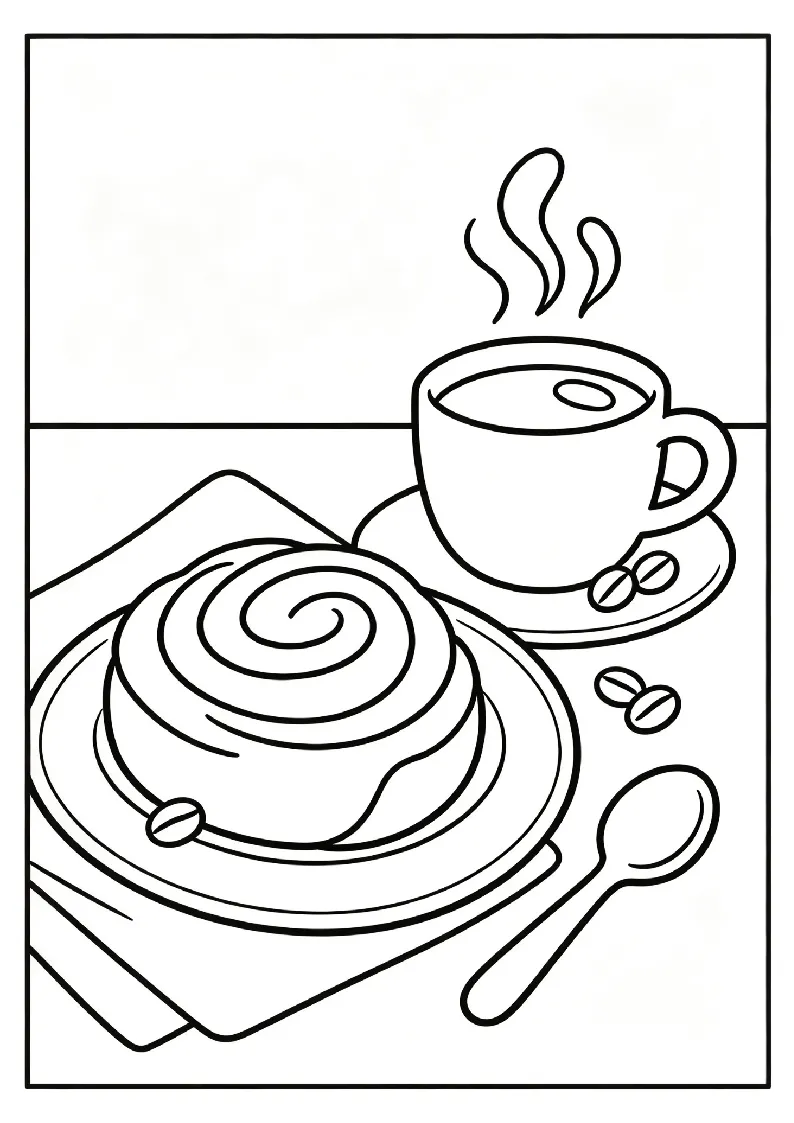 Cinnamon Roll and Morning Coffee coloring page, black outline drawing ready to print