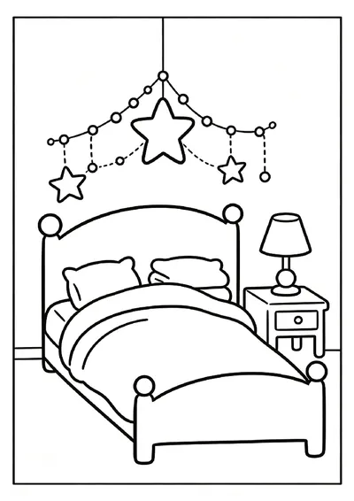 Fairy Lights and Stars Over a Bedtime Bed coloring page