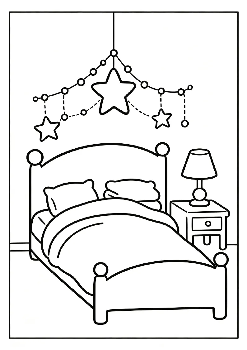 Fairy Lights and Stars Over a Bedtime Bed coloring page, black outline drawing ready to print