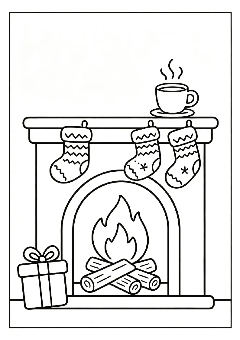 Crackling Fireplace With Hanging Patterned Socks coloring page, black outline drawing ready to print