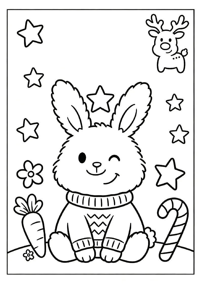 Fluffy Bunny in a Woolly Sweater coloring page, black outline drawing ready to print