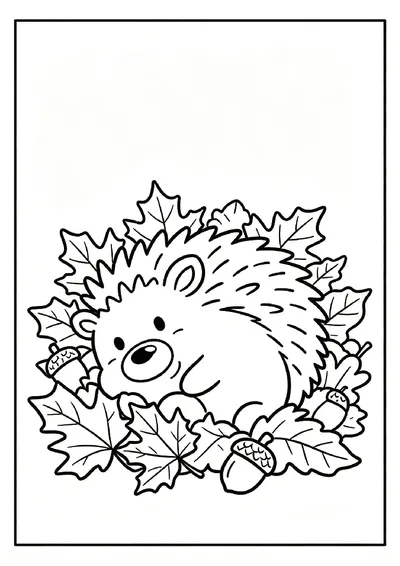 Hedgehog Curled Up in Autumn Leaves coloring page