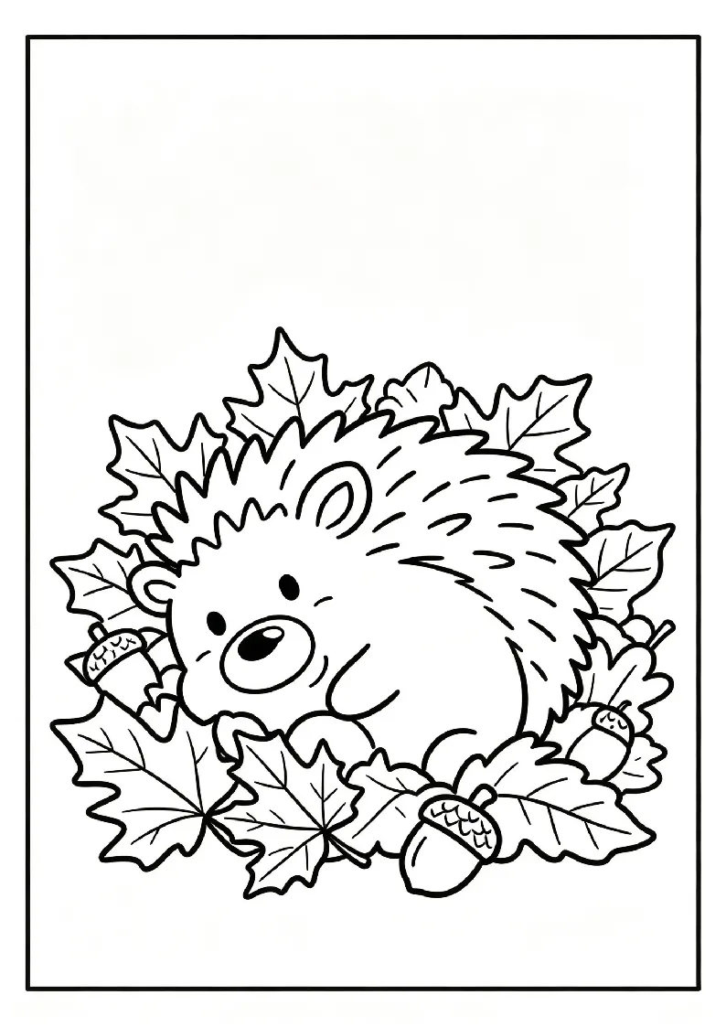 Hedgehog Curled Up in Autumn Leaves coloring page, black outline drawing ready to print