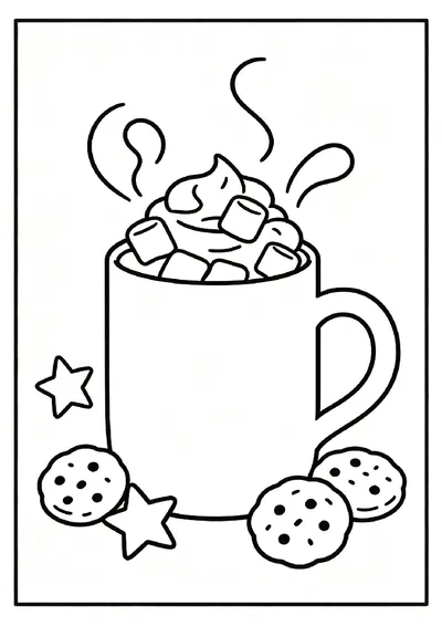 Steaming Hot Cocoa With Marshmallows and Cookies coloring page