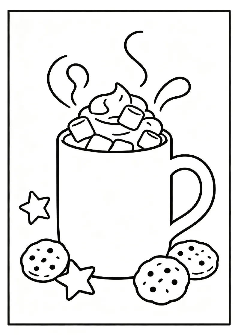 Steaming Hot Cocoa With Marshmallows and Cookies coloring page, black outline drawing ready to print