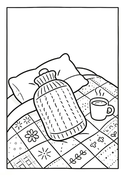 Hot Water Bottle on a Patchwork Quilt coloring page