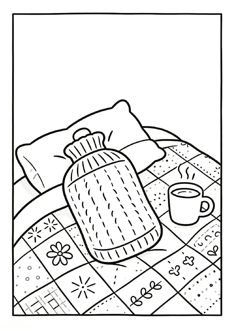 Hot Water Bottle on a Patchwork Quilt coloring page, black outline drawing ready to print