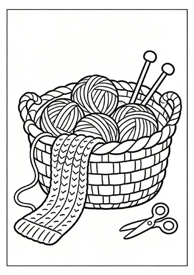 Knitting Basket With Yarn Balls and a Scarf coloring page