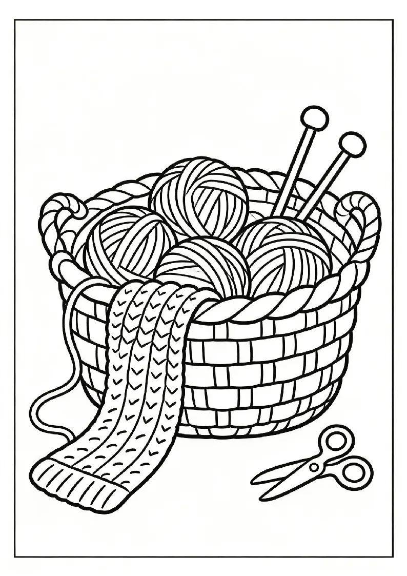 Knitting Basket With Yarn Balls and a Scarf coloring page, black outline drawing ready to print