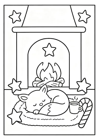 Little Fox Curled Up by the Hearth coloring page