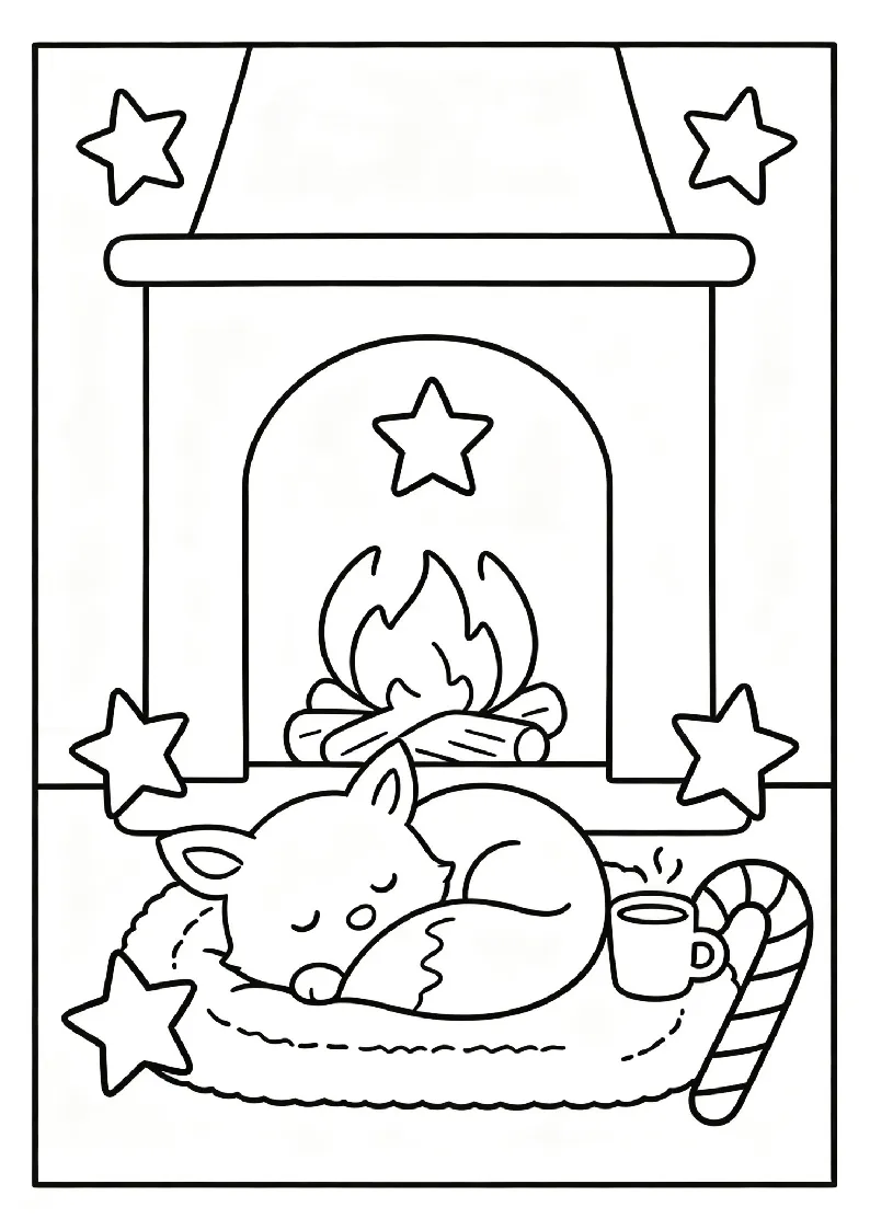 Little Fox Curled Up by the Hearth coloring page, black outline drawing ready to print