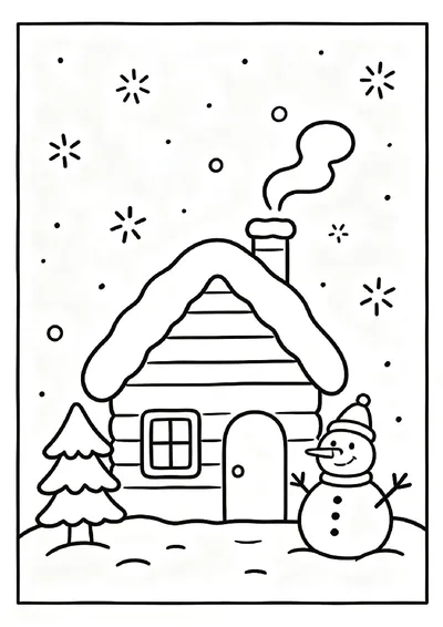 Cozy Log Cabin With a Snowman Under Falling Snow coloring page