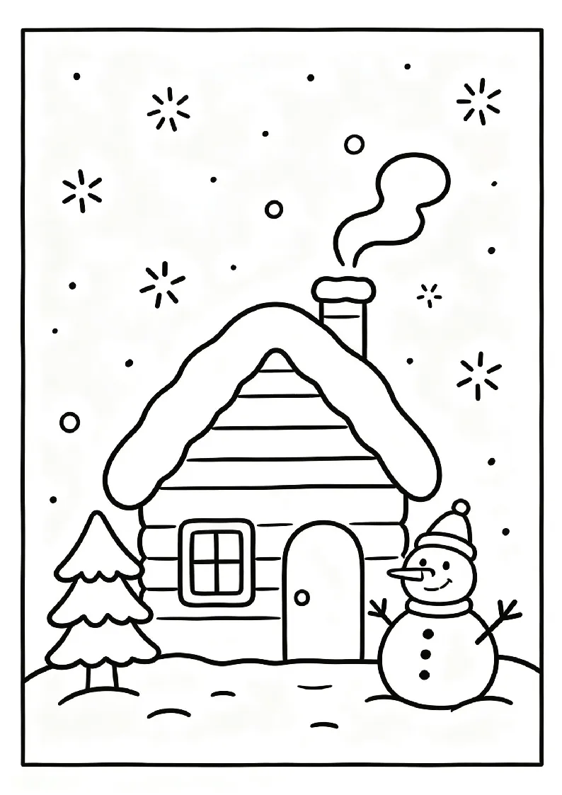 Cozy Log Cabin With a Snowman Under Falling Snow coloring page, black outline drawing ready to print