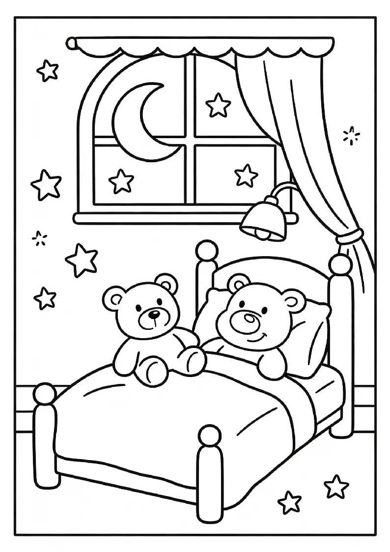 Moonlit Bedroom With Teddy Bears and Stars coloring page, black outline drawing ready to print