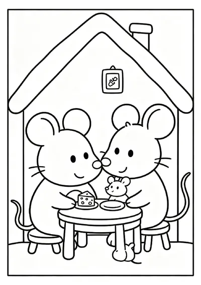 Mouse Family Dinner in a Tiny Home coloring page