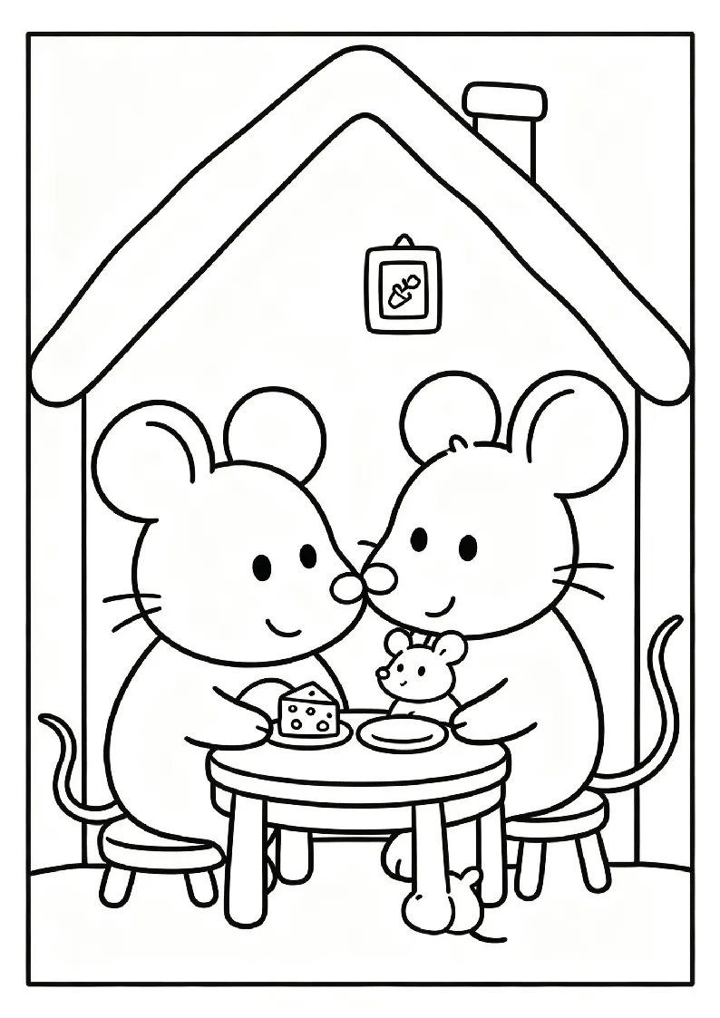Mouse Family Dinner in a Tiny Home coloring page, black outline drawing ready to print