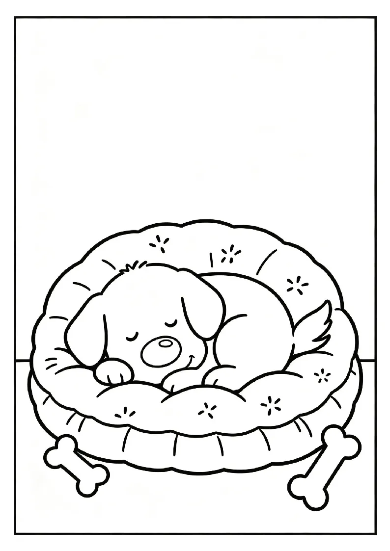 Puppy Napping on a Fluffy Cushion coloring page, black outline drawing ready to print