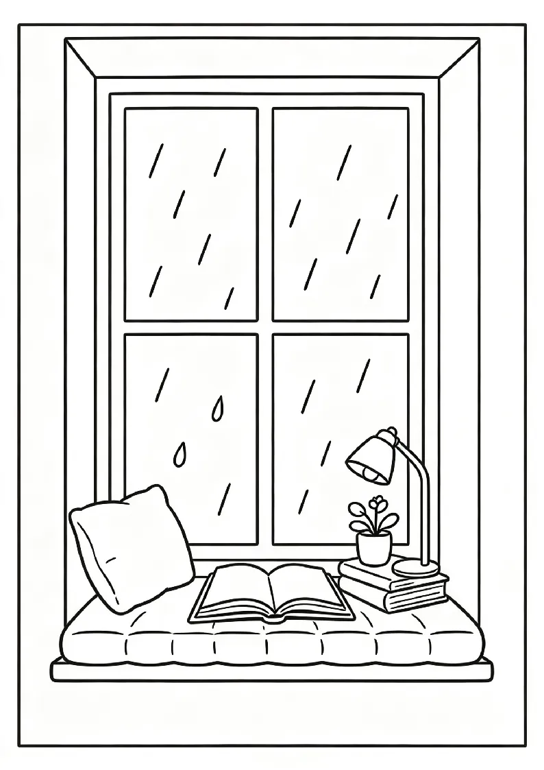 Rainy Day Window Seat Reading Nook coloring page, black outline drawing ready to print