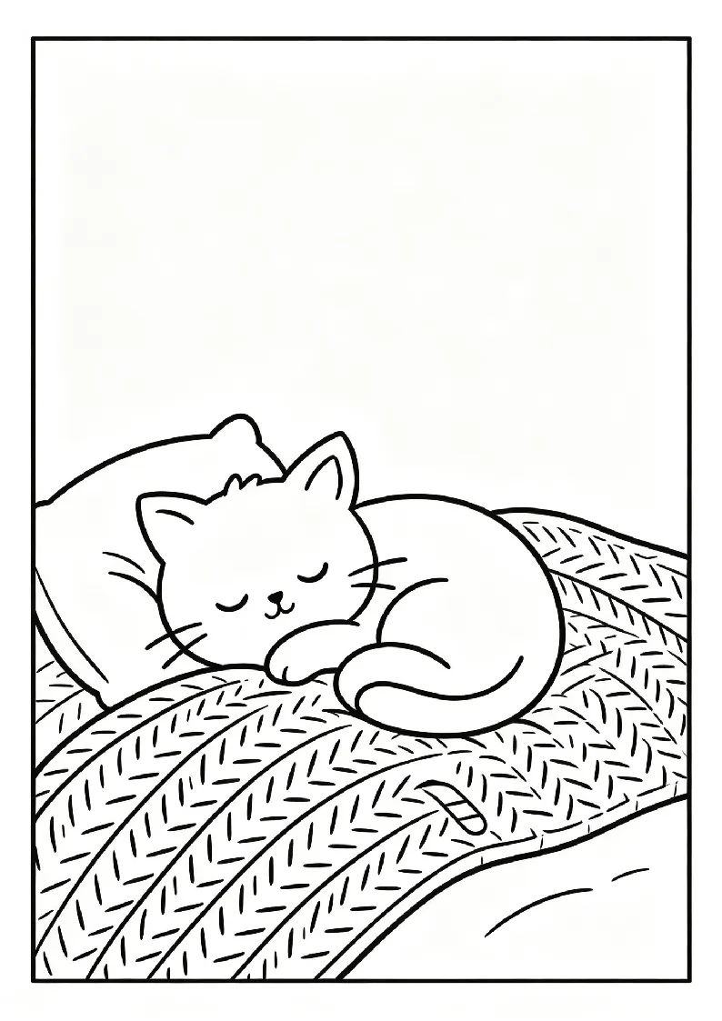 Sleepy Cat Curled Up on a Knitted Blanket coloring page, black outline drawing ready to print