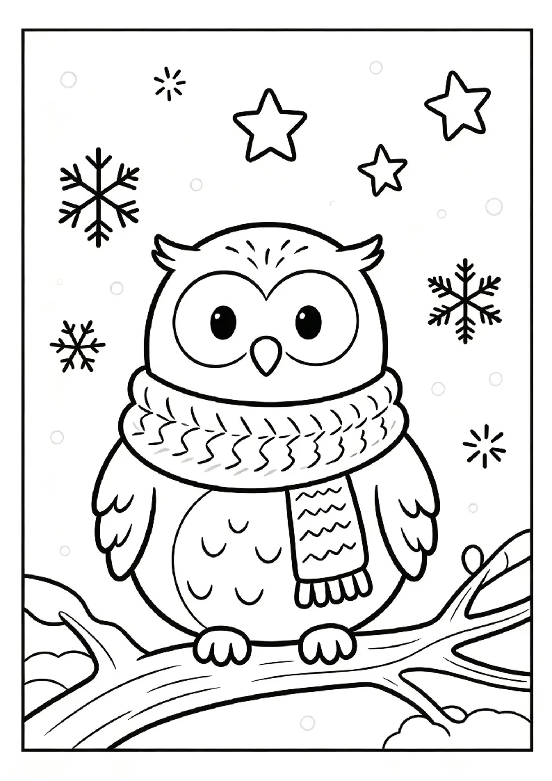 Snowy Owl Wrapped in a Cozy Scarf coloring page, black outline drawing ready to print