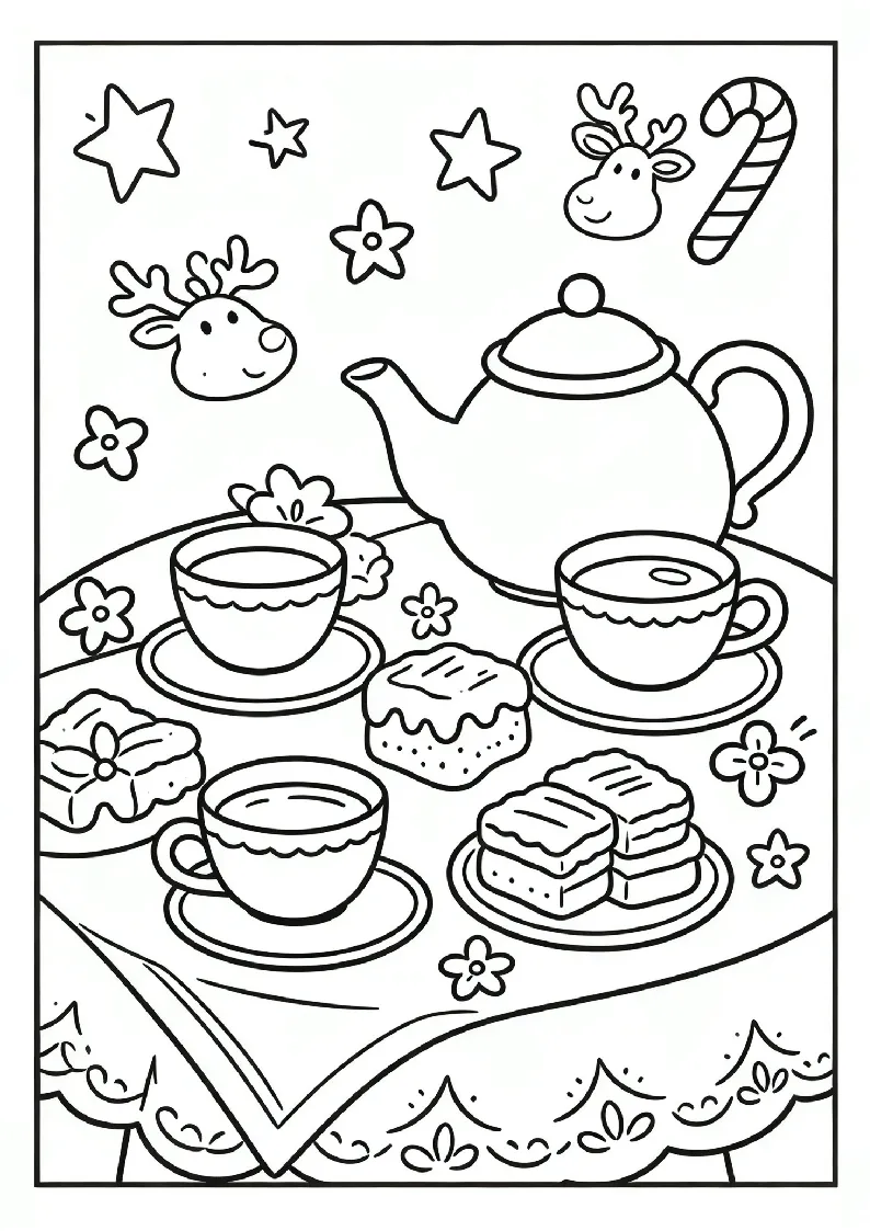 Tea Party Table With Cups and Honey Cakes coloring page, black outline drawing ready to print