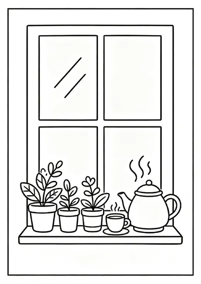 Sunlit Window Sill With Plants and a Teapot coloring page