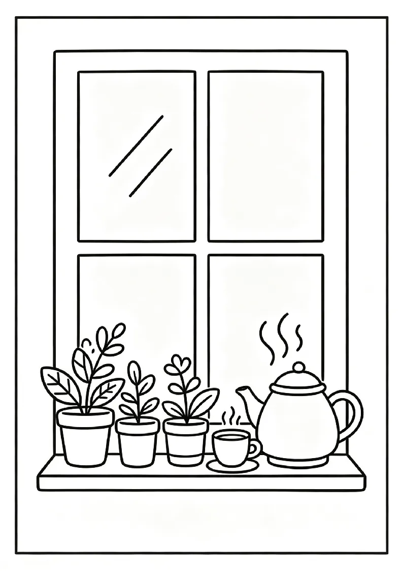 Sunlit Window Sill With Plants and a Teapot coloring page, black outline drawing ready to print