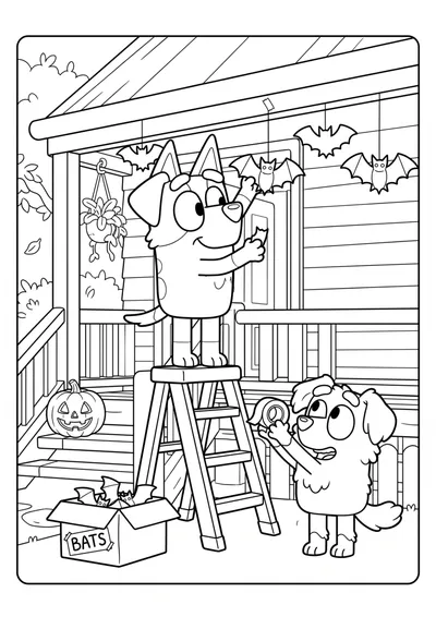 Decorating the Porch with Bats Coloring Page coloring page