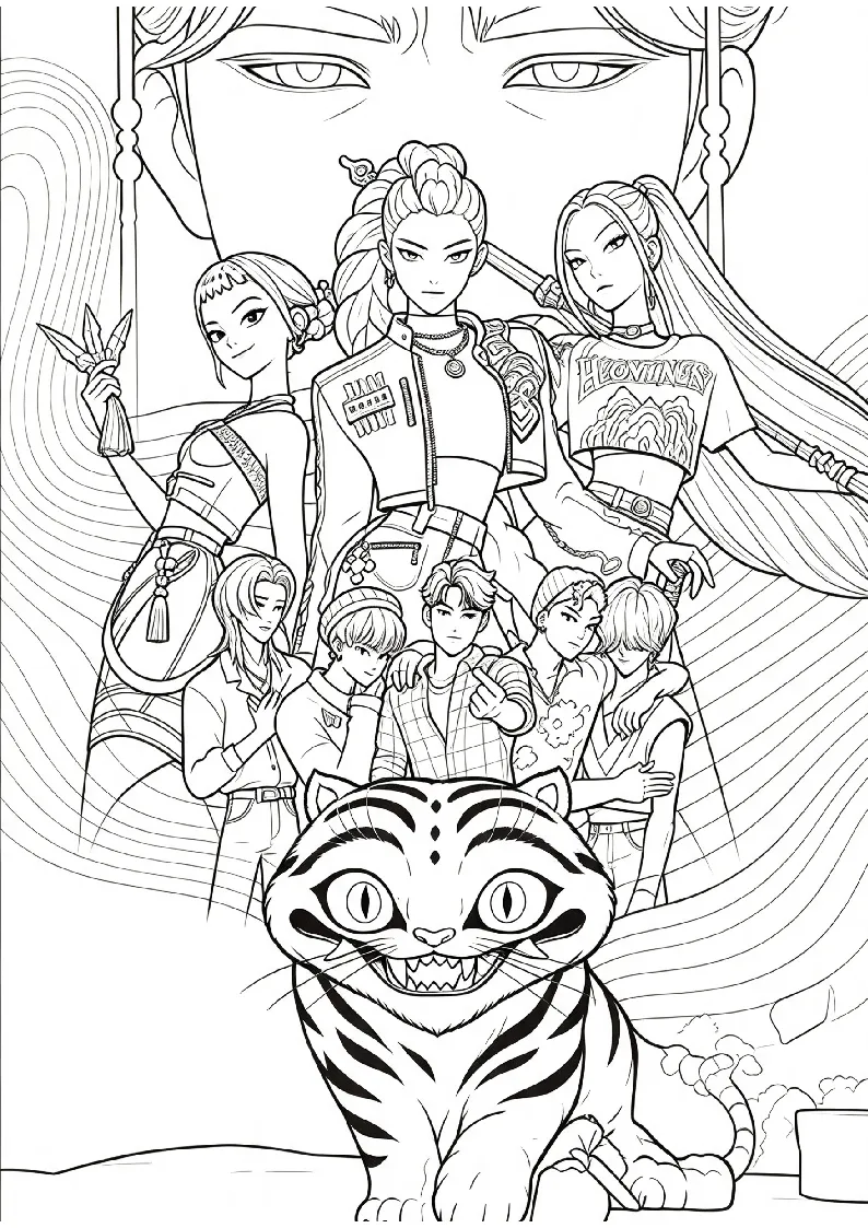 Demon Hunter Squad and Tiger coloring page, black outline drawing ready to print