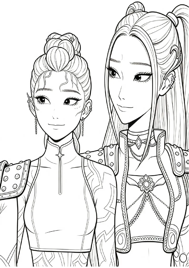 Elegant Idol Duo in Armor coloring page, black outline drawing ready to print