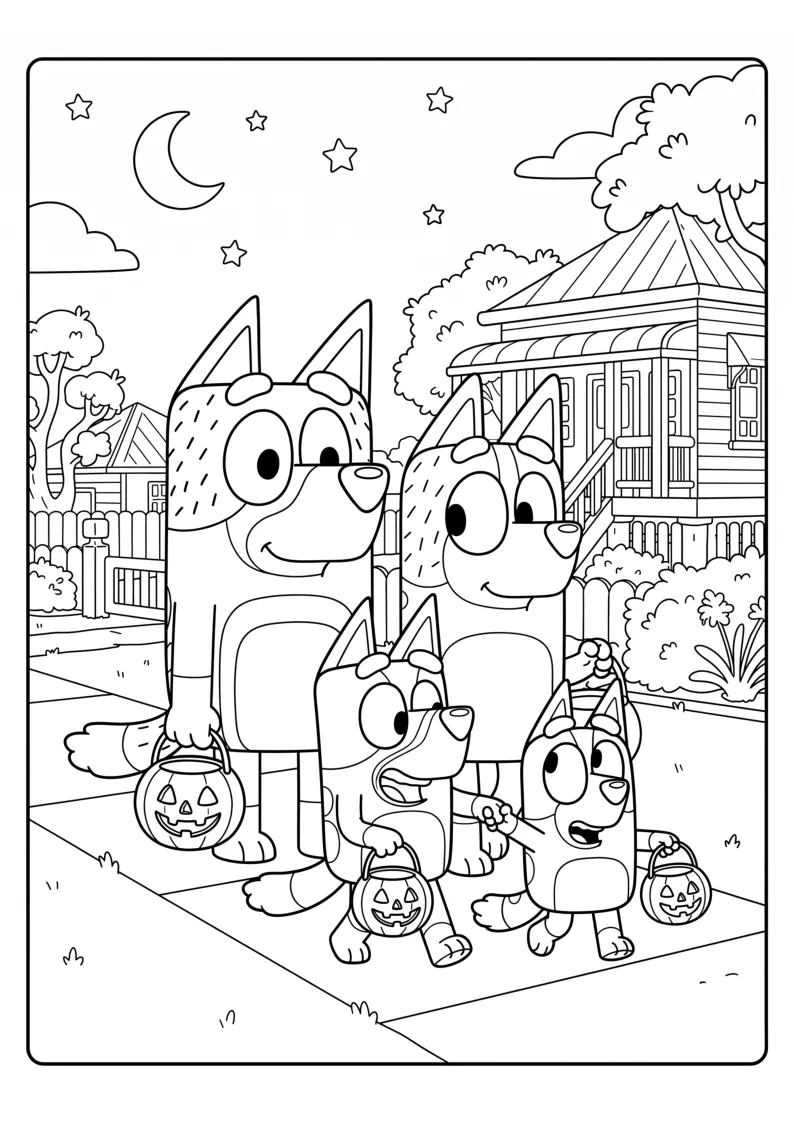 Family Halloween Night Walk Coloring Page coloring page, black outline drawing ready to print