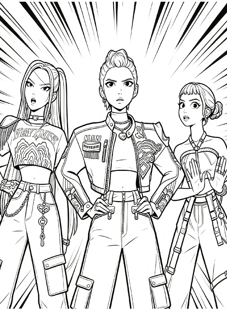 Fierce Demon Hunting Girl Group coloring page, black outline drawing ready to print