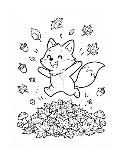 Fox Jumping Into Autumn Leaves coloring page