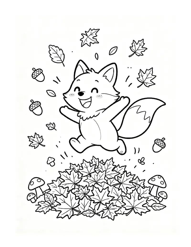 Fox Jumping Into Autumn Leaves coloring page, black outline drawing ready to print