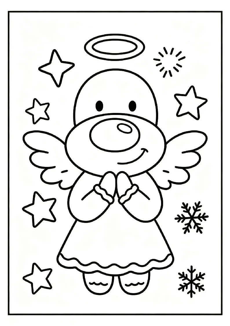 Gingerbread Angel With Frosted Wings coloring page, black outline drawing ready to print