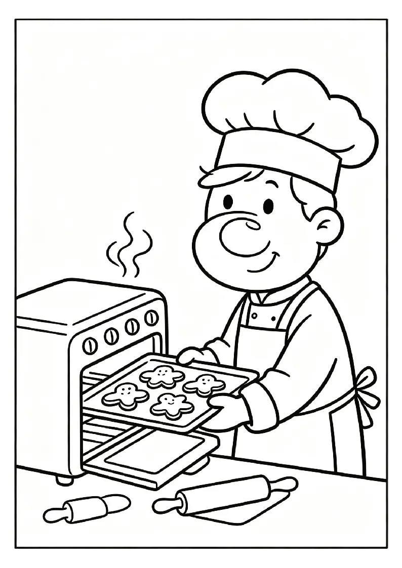 Baker Pulling Cookies From the Oven coloring page, black outline drawing ready to print