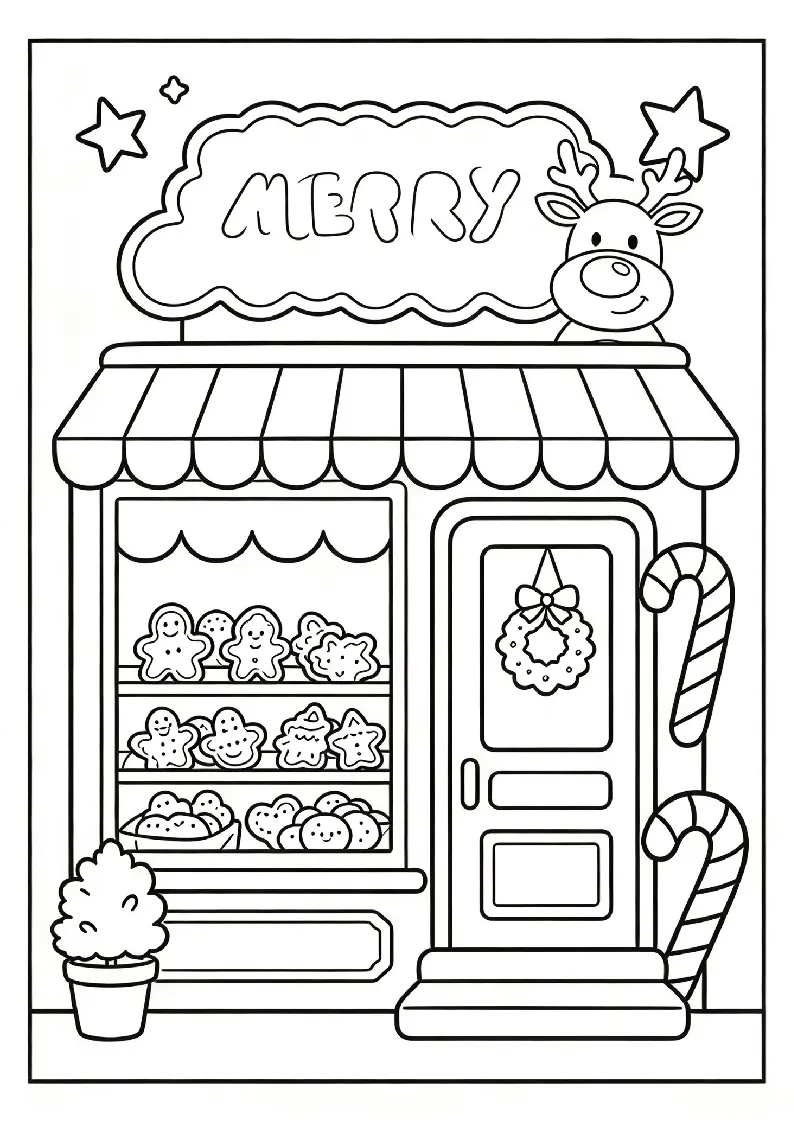 Gingerbread Bakery Shop Front coloring page, black outline drawing ready to print