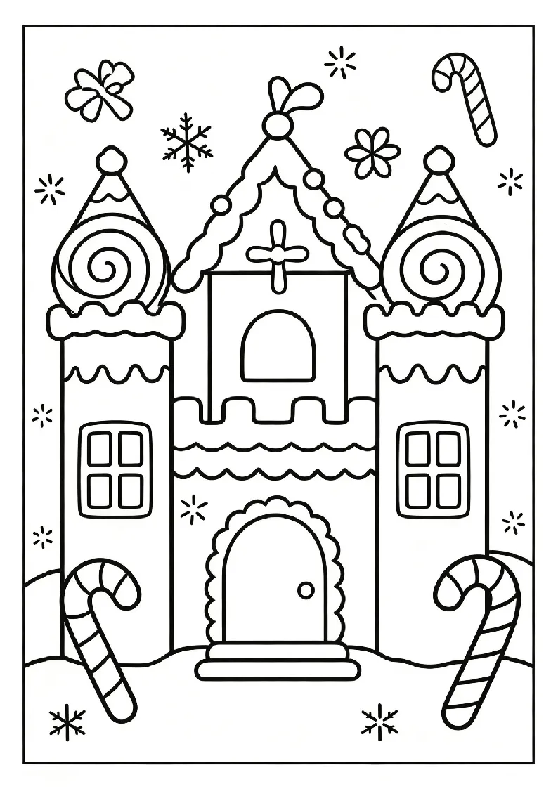 Gingerbread Castle With Lollipop Towers coloring page, black outline drawing ready to print